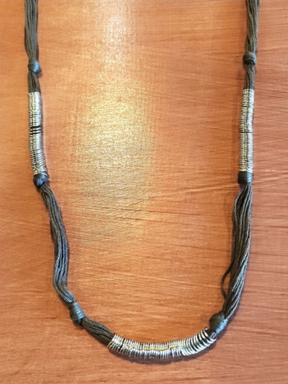 Vintage Green Thread Necklace with Gold Tone Accents